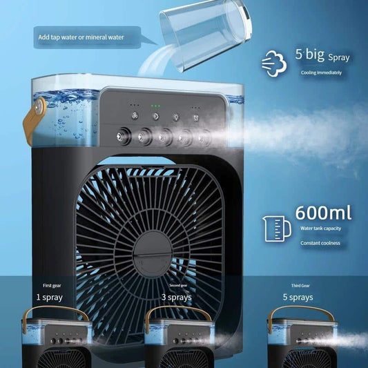 "Large Portable Air Conditioner Fan – USB Electric Cooler with LED Night Light, Fine Mist Sprayer & Humidifier Function"